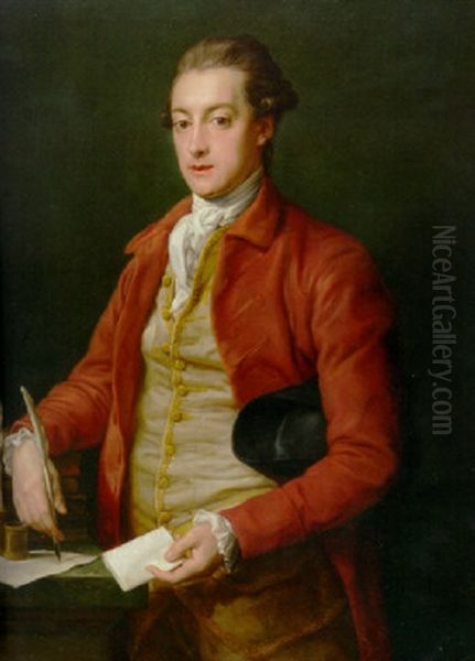 Portrait Of Hon. Lionel Damer In A Red Coat, With A Grey Vest And A White Cravat, Holding A Letter And A Quill Pen Oil Painting by Pompeo Girolamo Batoni