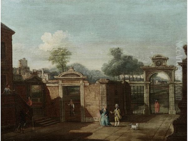 Elegant Figures In A Courtyard, An Italianate Landscape Beyond (+ And Figures In A Capriccio Landscape, A Hillside Town In The Distance; Pair) Oil Painting by Francesco Battaglioli