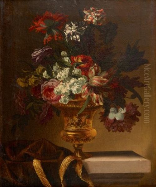 Bouquet De Fleurs Dans Un Vase Pose Sur Un Entablement Oil Painting by Nicolas Baudesson