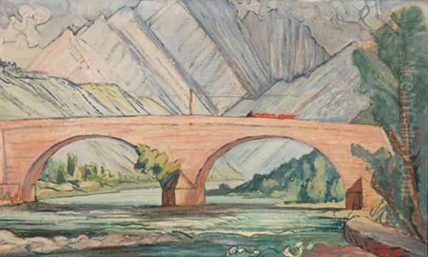 Voralpine Flusslandschaft Mit Brucke Oil Painting by Fritz Baumann