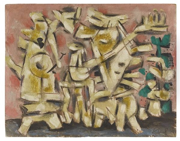 Heitere Bewegung Auf Rosa (cheerful Movement In Pink) Oil Painting by Willi Baumeister