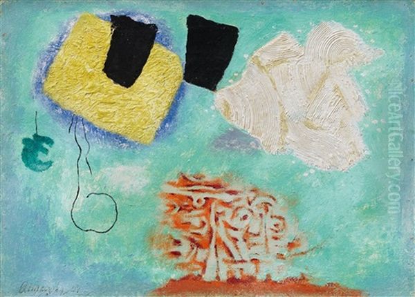 Lyrik Mit Kammzug Auf Blau-grun Oil Painting by Willi Baumeister