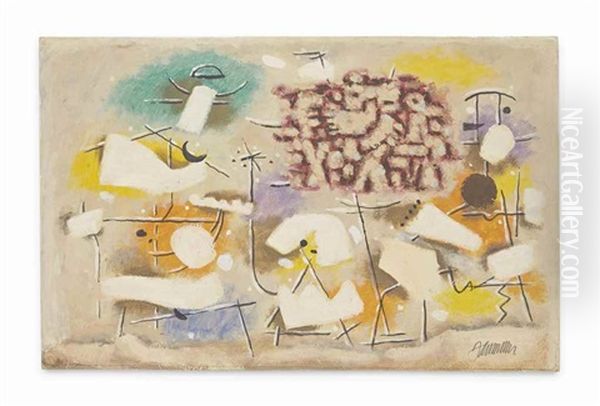 Lyrik Mit Weisen Formen (gelb-orange) (poetry With White Forms (yellow-orange)) Oil Painting by Willi Baumeister