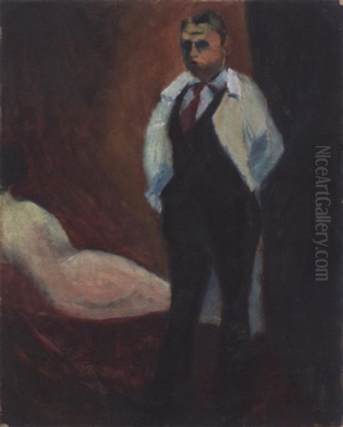 Selbstportrait Im Atelier - Im Atelier - Portrait Oil Painting by Willi Baumeister