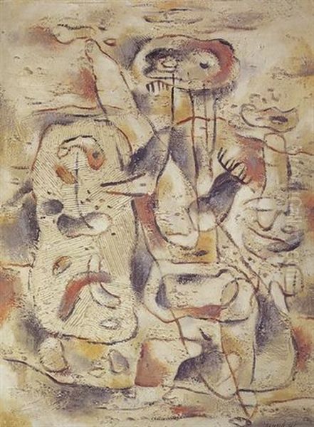 Figurenlandschaft (auch: Belebte Mauerlandschaft) Oil Painting by Willi Baumeister