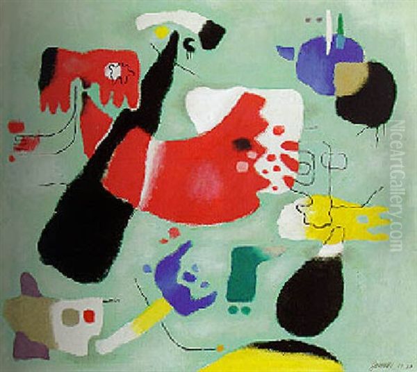 Urweltformen Schwebend Ii (urform Rot Auf Grun) Oil Painting by Willi Baumeister