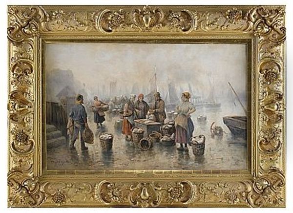 Forsaljerskor I Fiskhamnen Oil Painting by Adolf (Constantin) Baumgartner-Stoiloff