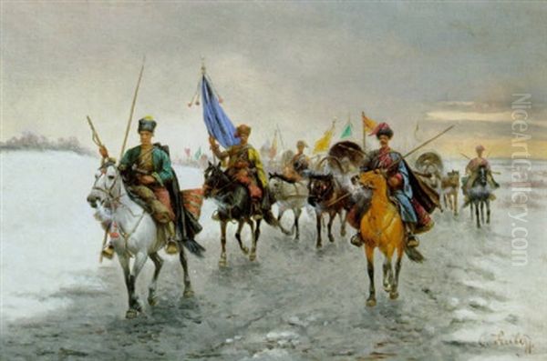 Geldtransport In Sibirien Oil Painting by Adolf (Constantin) Baumgartner-Stoiloff