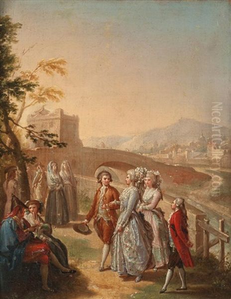 Figuras Elegantes Paseando Cerca De Un Puente Oil Painting by D. Francisco Bayeu y Subias