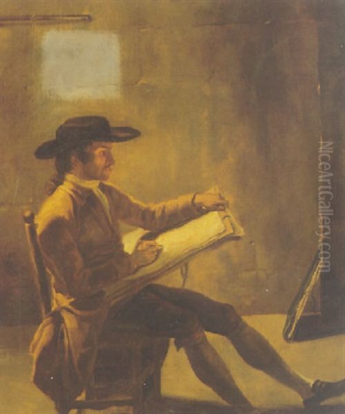 An Artist Sketching In An Interior Oil Painting by Francisco Bayeu Y Subias
