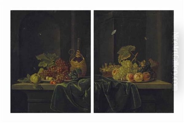 Nature Morte Aux Raisins Et A La Fiasque De Vin; Et Nature Morte Aux Raisins, Peches Et Noisettes Oil Painting by Jacob Samuel Beck