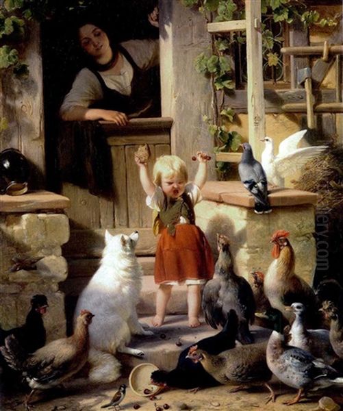 Die Begehrte Leckerei (kind Im Huhnerhof) Oil Painting by Jakob Becker