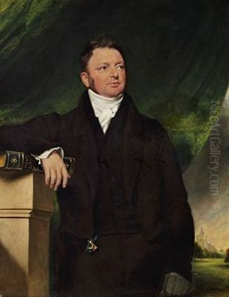 Portrait Of A Gentleman In A Black Jacket With One Hand Resting On The Bible Oil Painting by Sir William Beechey