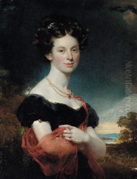 Portrait Of A Lady In A Black Dress With A Red Shawl, Standing In A Landscape Oil Painting by Sir William Beechey