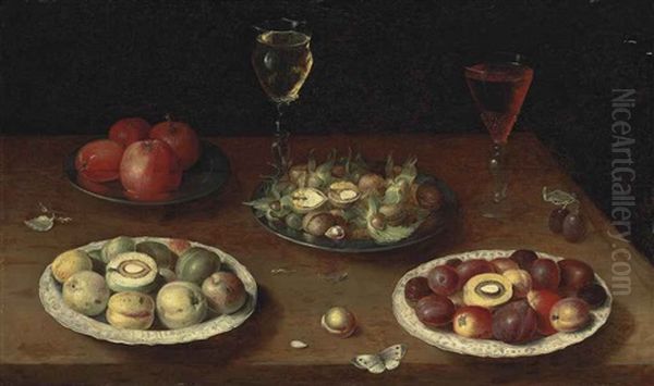 Hazelnuts And Walnuts, And Apples On Pewter Platters, Plums And Nectarines On Porcelain Plates, With Glasses Of Red And White Wine, And A Butterfly, On A Wooden Table Oil Painting by Osias Beert the Elder