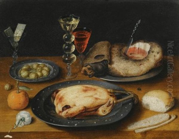 A Still Life Of A Roast Chicken, A Ham And Olives On Pewter Plates With A Bread Roll, An Orange, Wineglasses And A Rose On A Wooden Table Oil Painting by Osias Beert the Elder