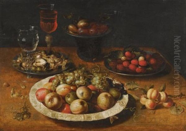 A Still Life Of Apples And Grapes In A Blue-and-white Porcelain Bowl, Raspberries And Walnuts In Pewter Dishes, Plums On A Pewter Dish Atop A Stand, Together With Three Wine-glasses And Sprigs Of Apricots And Gooseberries Upon A Wooden Table Oil Painting by Osias Beert the Elder