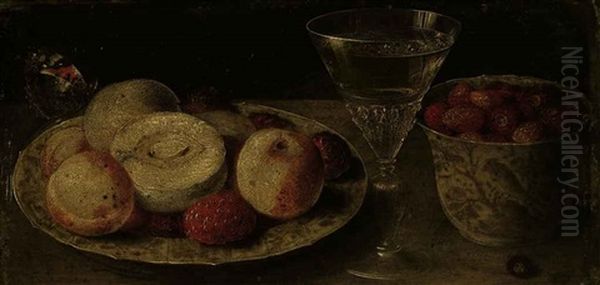 Peaches And Raspberries On A Wan-li Kraak Porcelain Plate, With Strawberries In A Wan-li-krak Porcelain Beaker, With A Glass Of White Wine On A Tabletop Oil Painting by Osias Beert the Elder