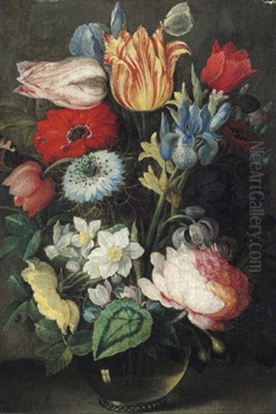 Blumenstillleben Mit Rosen,tulpen, Mohn, Schwertlilien, Narzissen, Gerbera Und Einer Kornblume In Einer Glasvase Oil Painting by Osias, the Elder Beert