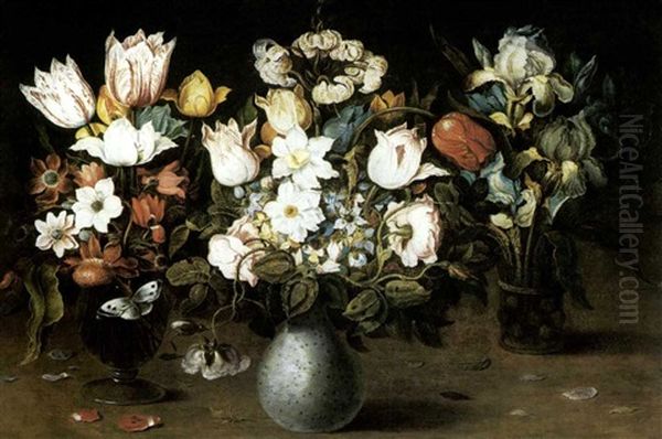 Drei Vasen Mit Blumen Auf Einen Tisch (collab. W/workshop) Oil Painting by Osias Beert the Elder