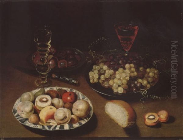 Still Life Of Peaches, Figs, Apples And Walnuts In A Blue And White Porcelain Bowl Oil Painting by Osias Beert the Elder