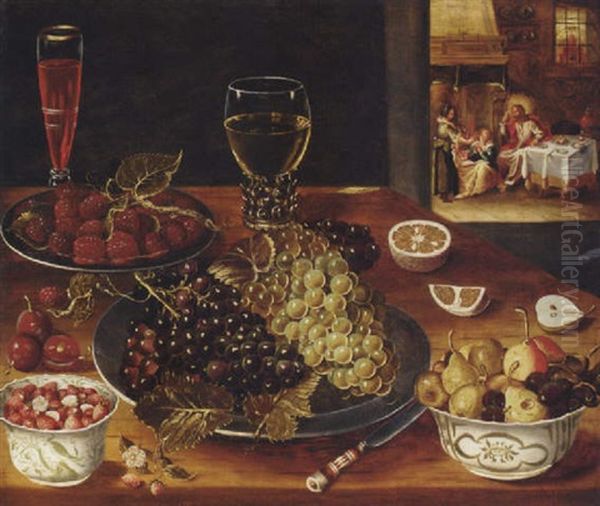 Grapes And Mulberries On Pewter Platters, Pears, Cherries And Strawberries In Wanli Kraak Porselein Bowls, A Wine Glass And A Roemer On A Table Oil Painting by Osias Beert the Elder