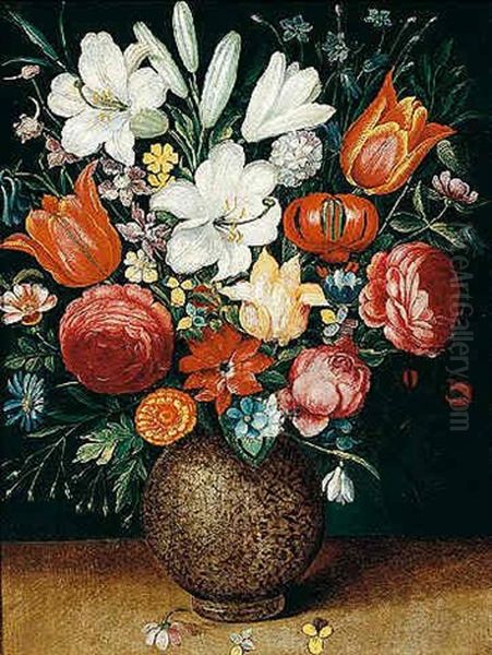 Still Life Of Flowers, Including Tulips, Lilies, An Iris, Marigold, And A Snowdrop In A Stoneware Vase Oil Painting by Osias Beert the Elder