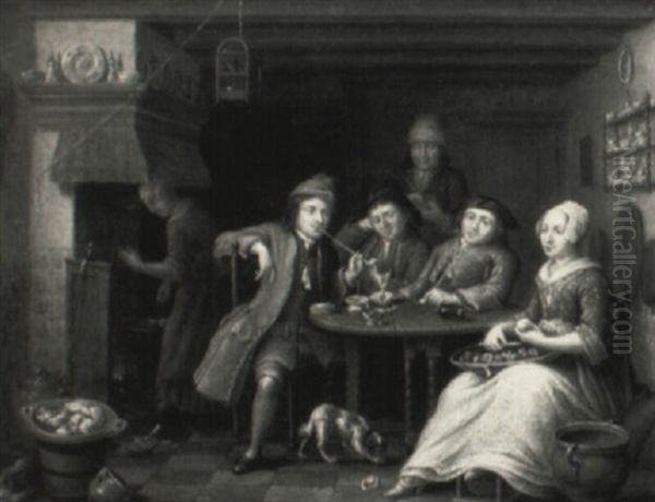 Kitchen Interior With Gentlemen Smoking And Women Cooking Oil Painting by Abraham Hendrik van Beesten