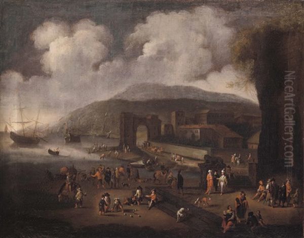 Idealisierte Italienische Kustenlandschaft Mit Reicher Figurenstaffage Oil Painting by Abraham Jansz. Begeyn