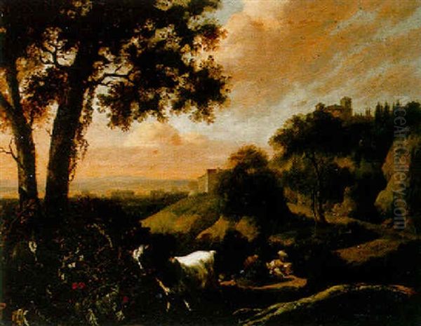 A Mountainous Landscape With Shepherds And A Goat, A Hill Town Beyond Oil Painting by Abraham Jansz. Begeyn
