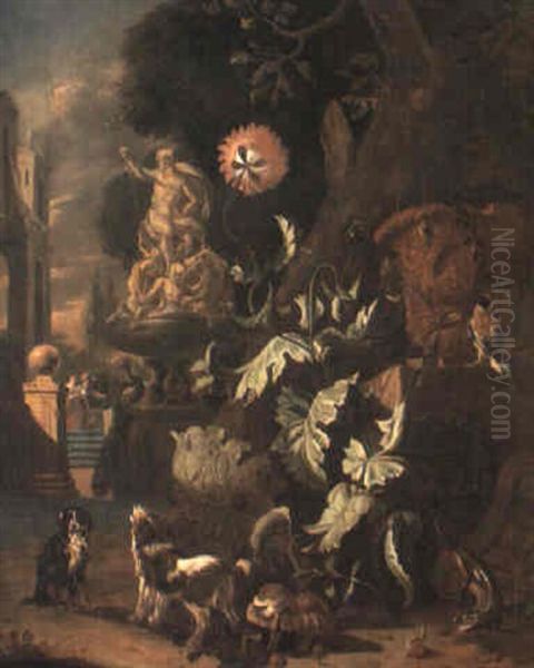 Poppies Growing At The Foot Of A Tree With Dogs Near A Fountain Oil Painting by Abraham Jansz. Begeyn