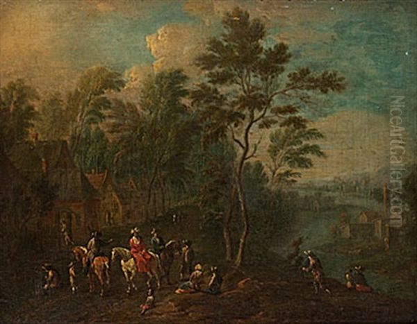 Landskap Med Byggnader, Figurer Och Ridande Sallskap Oil Painting by Joachim Franz Beich