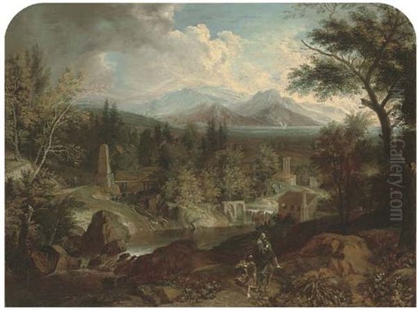 A River Landscape With The Flight Into Egypt Oil Painting by Joachim Franz Beich