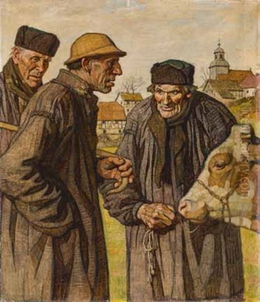 Drei Bauern Mit Einer Kuh, Im Hintergrund Fachwerkhauser Oil Painting by Emil Beithan