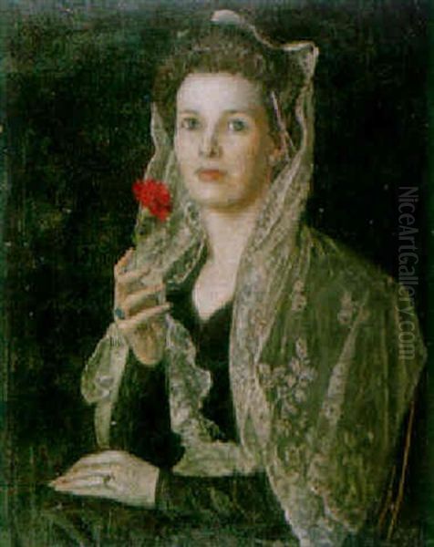 Portrait Of A Lady Holding A Flower, Wearing A Lace Shawl Oil Painting by George Belcher