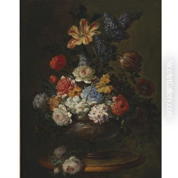 Still Life Of Tulips, Lilacs, Peonies And Other Flowers In A Vase Resting On A Table Oil Painting by Jean-Baptiste Belin de Fontenay the Elder