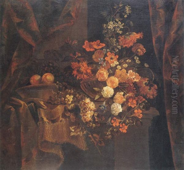 Flowers In A Vase And Fruit On A Partly Draped Pedestal Oil Painting by Jean-Baptiste Belin de Fontenay the Elder