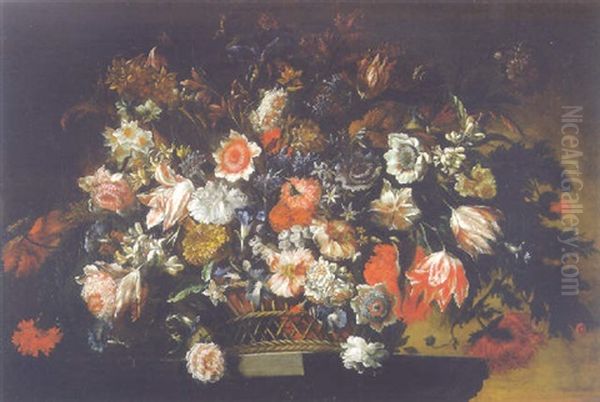 Parrot Tulips, Carnations, Daffodils And Other Flowers In A Basket On A Pedestal Oil Painting by Jean-Baptiste Belin de Fontenay the Elder