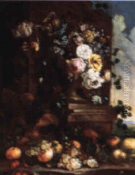 Still Life Of Flowers In A Stone Urn Resting On A Pedestal, With A Still Life Oil Painting by Jean-Baptiste Ii Belin