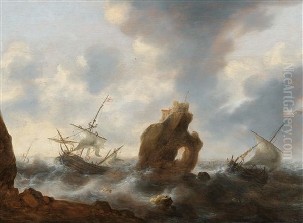 A Rocky Coast With Ships In A Stormy Sea Oil Painting by Jacob Adriaenz. Bellevois