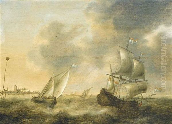 A Dutch Man-o'war And A Smalschip Off The Low Countries Oil Painting by Jacob Adriaenz. Bellevois