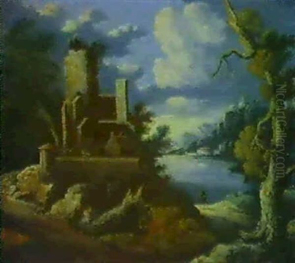 Landschaft Mit Einer Ruine An Einem Seeufer Oil Painting by Johann Christoph Von Bemmel