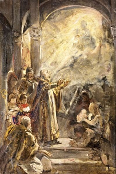 Szent Istvan Felajanlja A Koronat (vazlat) Oil Painting by Gyula Benczur