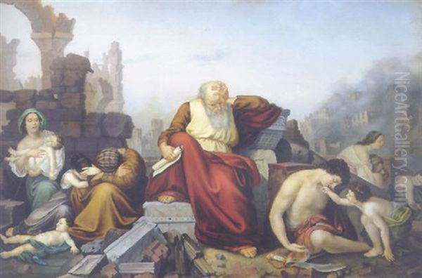 Jeremias Auf Den Trummern Jerusalems Oil Painting by Edouard Julius Friedrich Bendemann