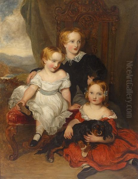Portrait Group Of Three Children And A Spaniel (after Frederick Yeates Hurlestone) Oil Painting by Frank Moss Bennett