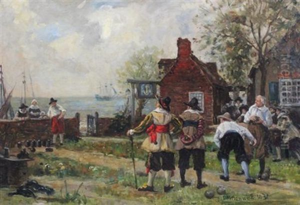 Drake Playing Bowls Oil Painting by Frank Moss Bennett