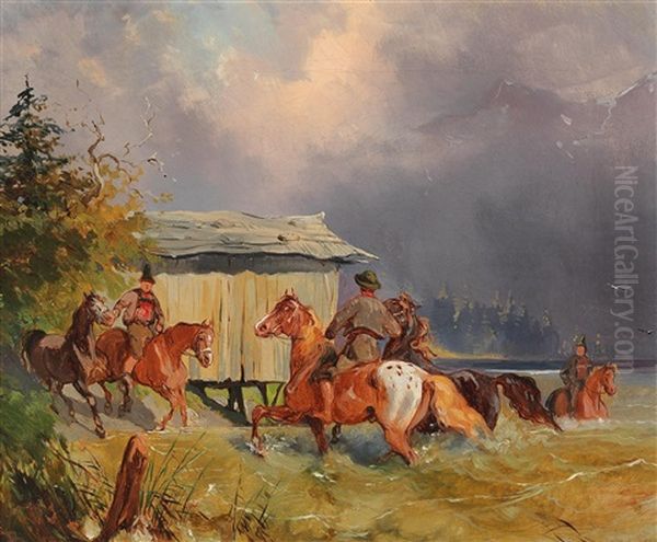 Cooling Down The Horses Oil Painting by Alexander Franz Von Bensa