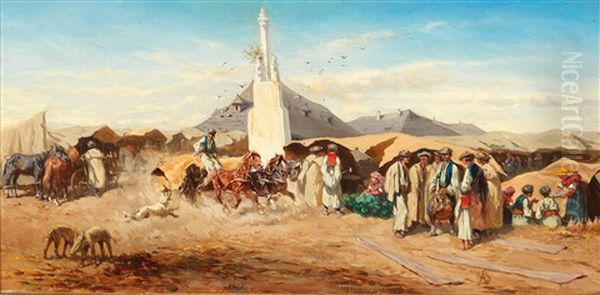Market Day In A Hungarian Village Oil Painting by Alexander Franz Von Bensa