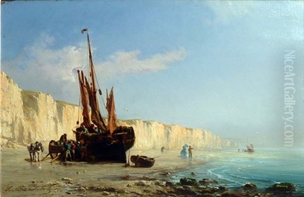 Fishing Boats At Low Tide Oil Painting by Louis Bentabole