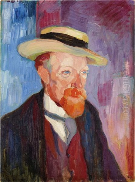 Man Med Strahatt Oil Painting by Axel Bentzen